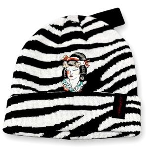 Ed Hardy Black White Zebra Print Geisha Embroidered Graphic Slouchy Beanie Hat